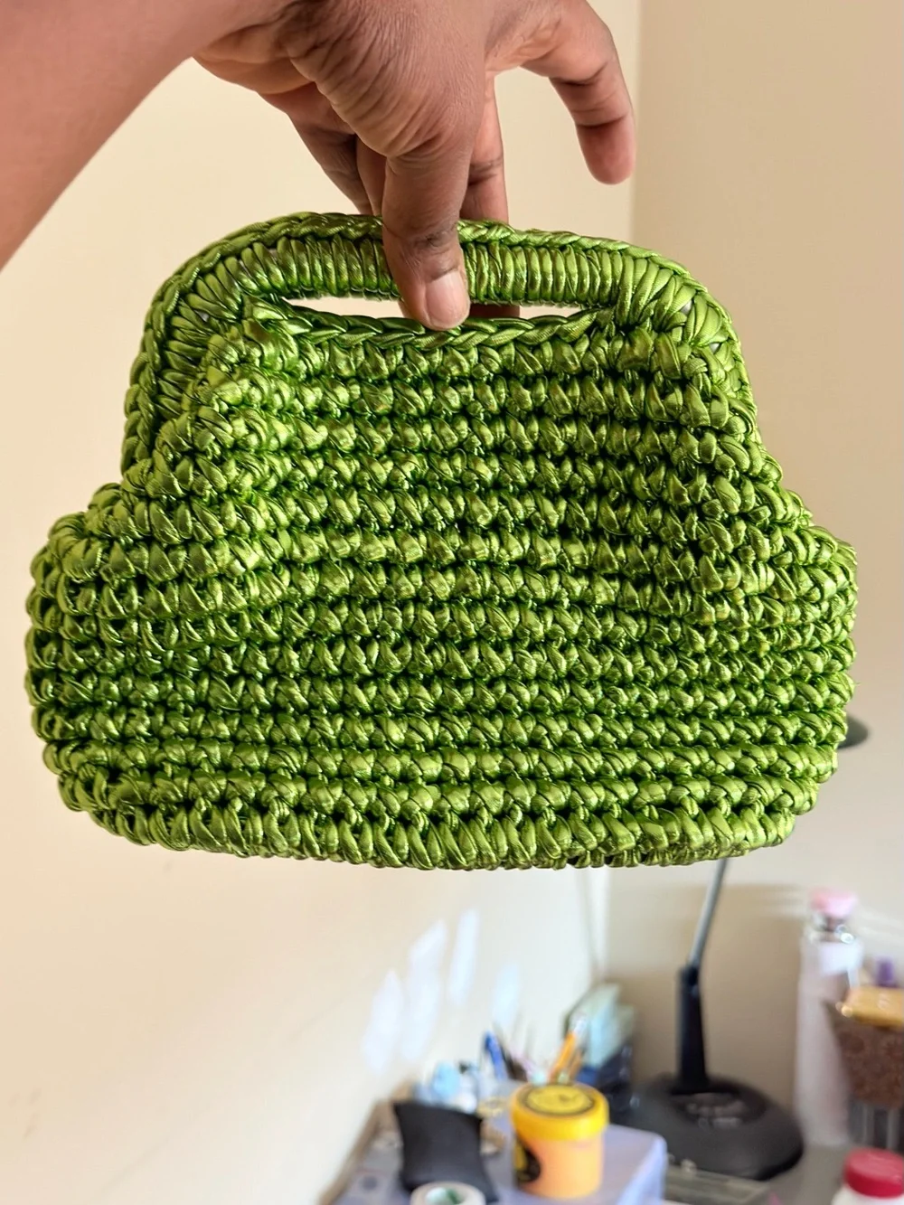Green Woven Handbag — Women's Crochet Top-Handle Bag